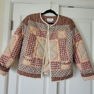 Anthropologie Cream and Brown Bomber Jacket Quilted Style
